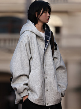 Nobodyknows秋冬日系复古纯色格纹开衫男女休闲宽松连帽卫衣外套