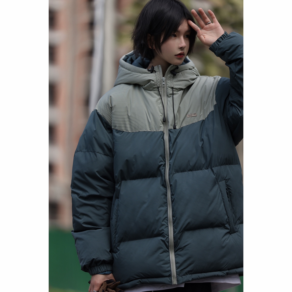 Nobodyknows秋冬日系拼色条纹简约男女复古棉服加厚保暖连帽棉衣