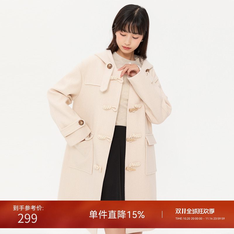 Lagogo拉谷谷冬季新款甜美连帽牛角扣毛呢大衣女减龄学院风
