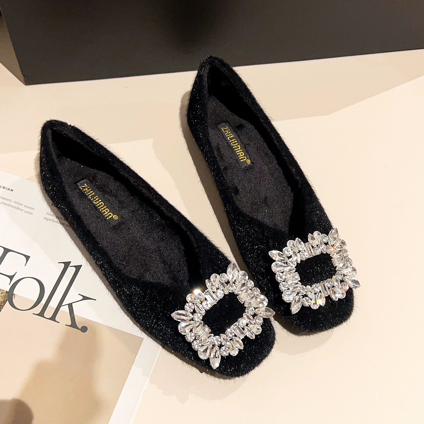 方头平底豆豆鞋棉鞋毛毛鞋女