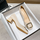 女鞋 一脚蹬中跟高跟粗跟大码 313233法式 34小码 单鞋 小香风春季 鞋