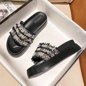 珍珠一字拖鞋 女夏外穿ins潮松糕厚底网红超火小香风大码 女鞋