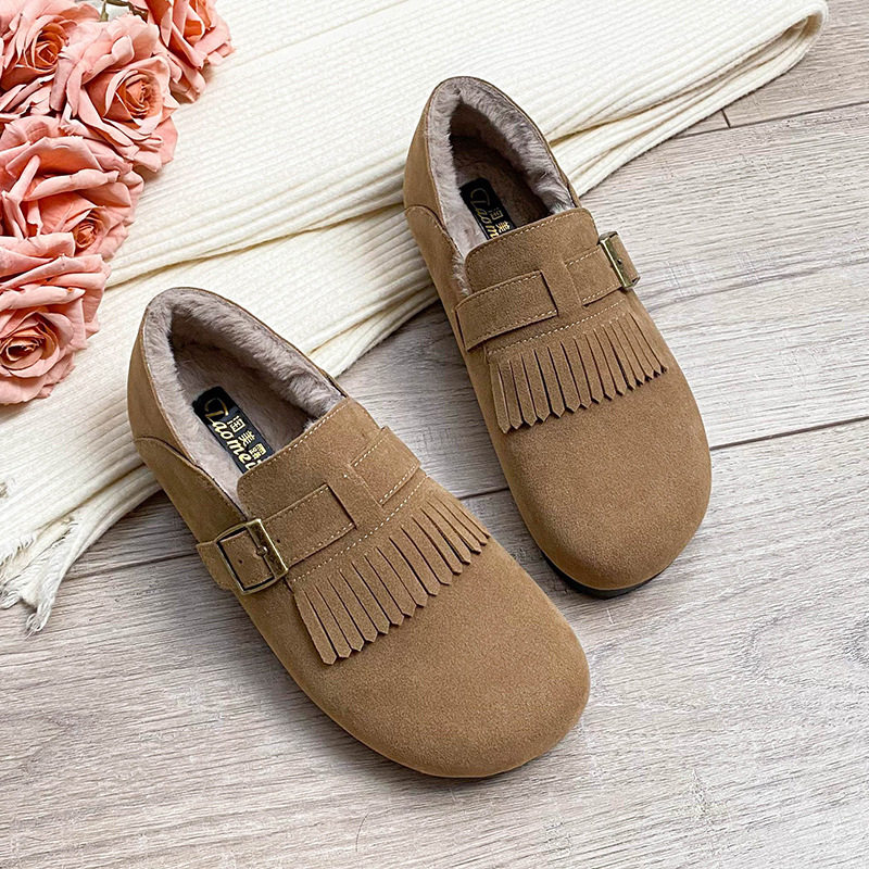 平底勃肯毛毛鞋女秋冬豆豆鞋外穿加绒棉鞋底复古流苏大码女鞋4143,女鞋,棉鞋,淘宝优惠券,粉丝福利购,淘宝优惠卷