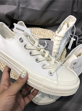 evenstar新色圆头春季系带高帮纯白色帆布鞋百搭ins潮板鞋小白鞋