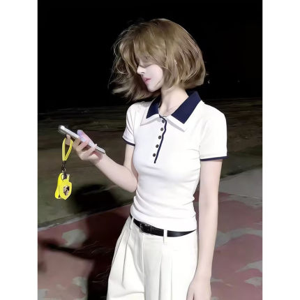 巨好看韩系polo衫正肩短袖针织女2026夏季简约百搭气质掐腰上衣潮