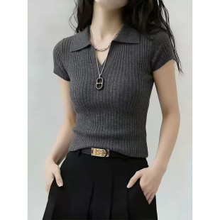 灰色polo领薄款针织衫短袖T恤女夏装高级设计感气质短款翻领上衣