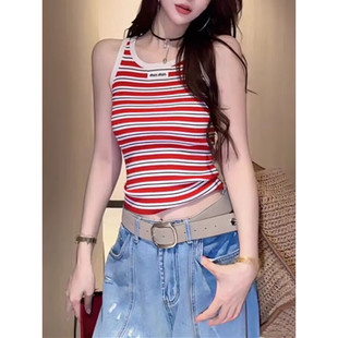 韩版多巴胺撞色条纹吊带背心女夏外穿设计感修身显瘦百搭针织上衣