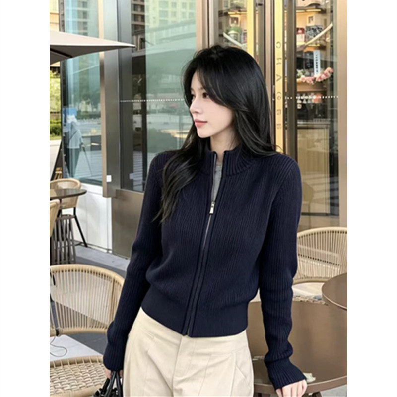 美式拉链款坑条立领毛衣针织开衫女秋冬装辣妹短款显瘦百搭外套潮