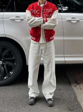 3KU夫妇高端重磅白色牛仔直筒裤简约休闲长裤男女情侣百搭阔腿裤