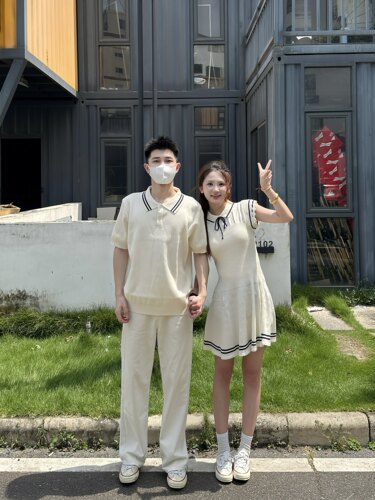 3KU夫妇夏季新款老钱风针织polo衫一衣一裙情侣装女士针织连衣裙