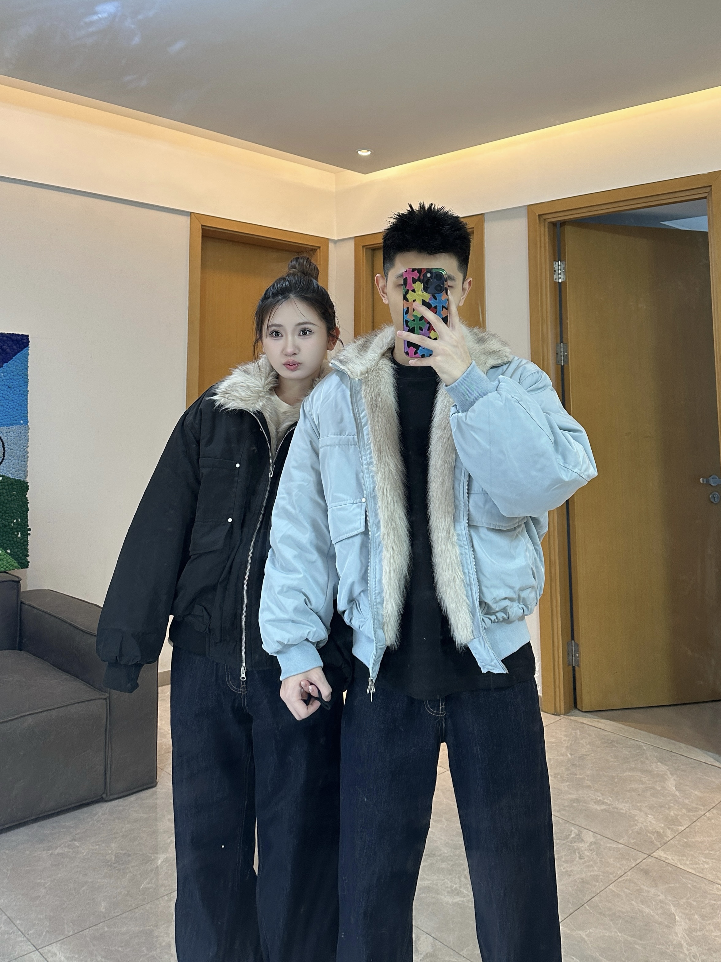 3KU夫妇冬季新款座山雕毛领立领棉服外套男女同款加厚保暖棉衣潮