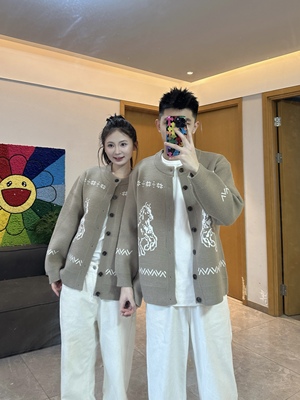 3KU夫妇秋冬新款提花小马针织毛衣开衫外套男女同款百搭上衣潮流