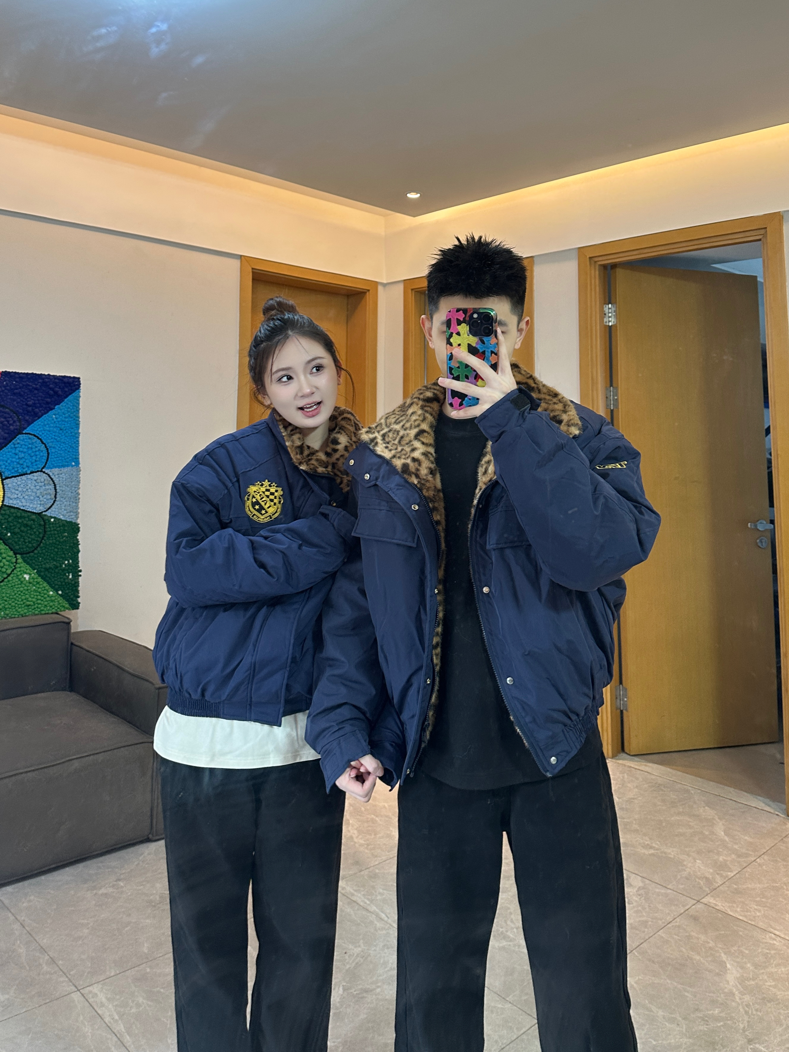 3KU夫妇冬季新款豹纹座山雕加绒翻领加厚棉衣外套男女同款棉服潮