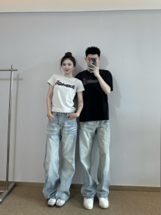 3KU夫妇夏季新款刺绣爱心圆领短袖T恤男女情侣款上衣休闲百搭潮