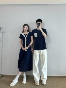 3KU夫妇夏季圆领短袖T恤一衣一裙情侣装女士披肩连衣裙长裙百搭