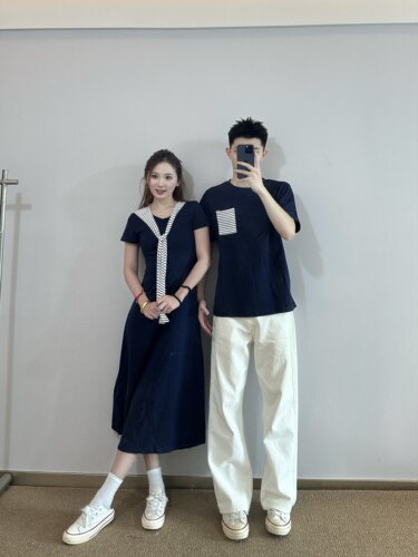 3KU夫妇夏季圆领短袖T恤一衣一裙情侣装女士披肩连衣裙长裙百搭