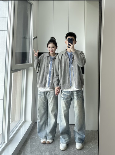 3KU夫妇秋季新款拼接假两件纽扣针织毛衣开衫外套男女情侣百搭潮