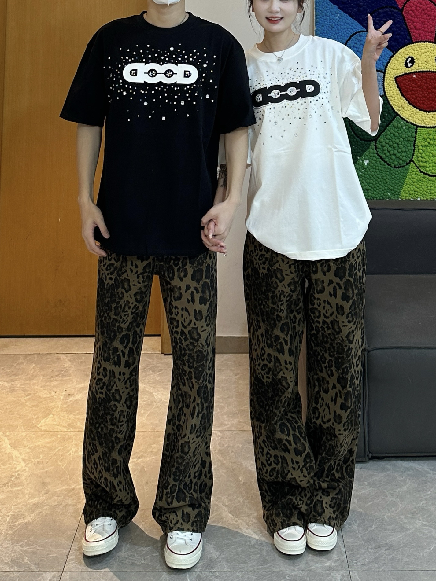 3KU夫妇四季百搭新款豹纹直筒牛仔休闲裤男女情侣宽松阔腿长裤潮