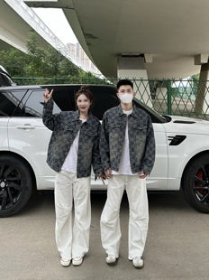 3KU夫妇秋季 翻领棋盘格拼接牛仔夹克外套男女情侣百搭上衣潮 新款