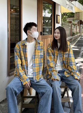 3KU夫妇黄色格子衬衫设计感高级新款衬衣宽松休闲风上衣潮情侣款