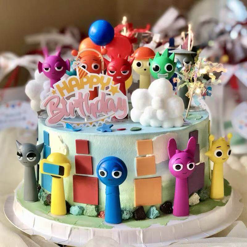 儿童男孩卡通节奏盒子生日蛋糕装饰彩虹生日快乐插件玩偶烘焙摆件