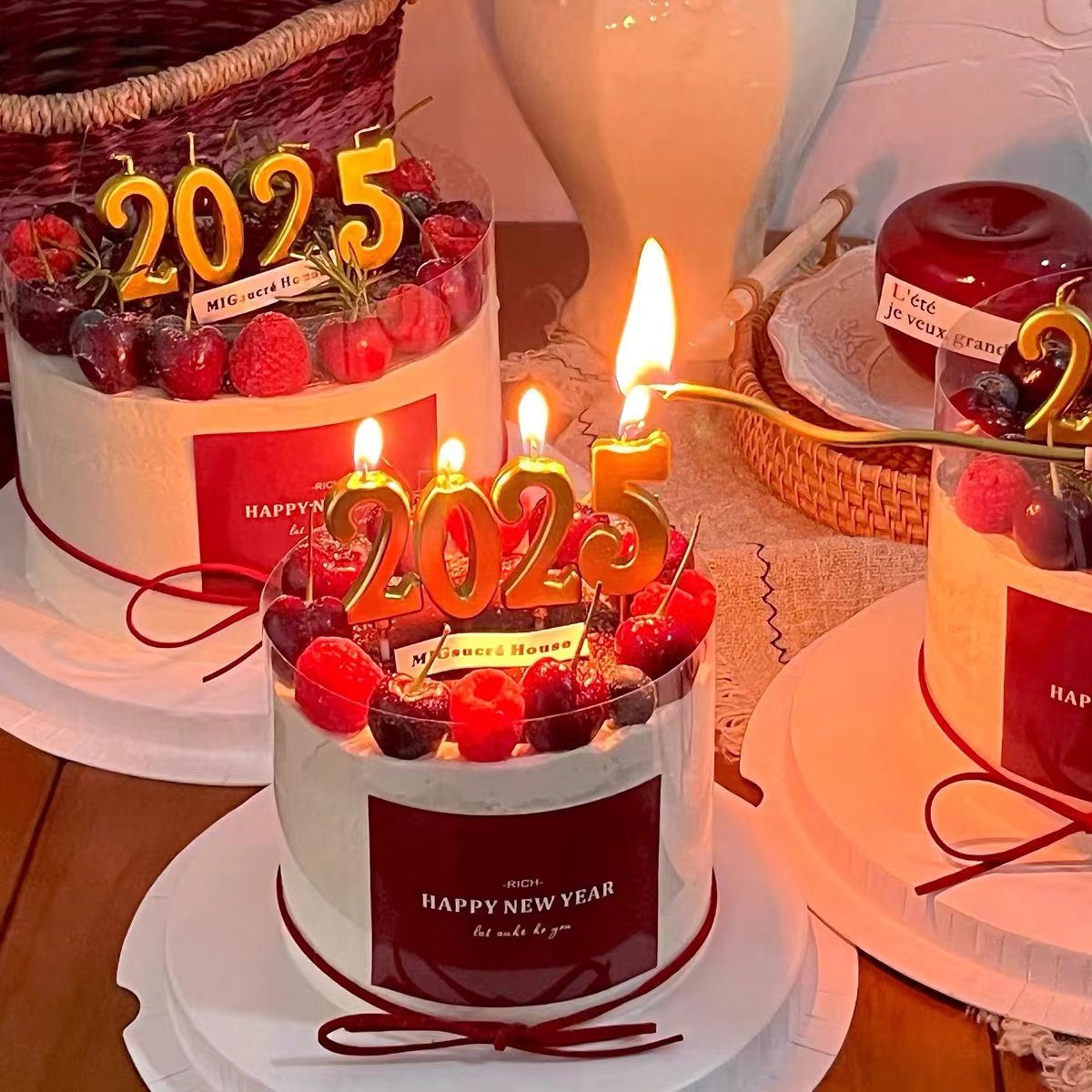 2025新年蛋糕装饰happy new year贴纸数字蜡烛插件元旦跨年装扮