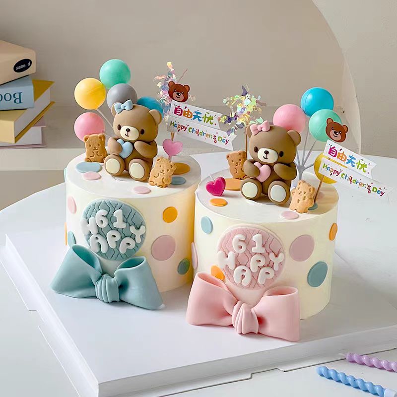六一儿童节蛋糕装饰网红可爱软胶小熊摆件61节日快乐卡通插旗插牌