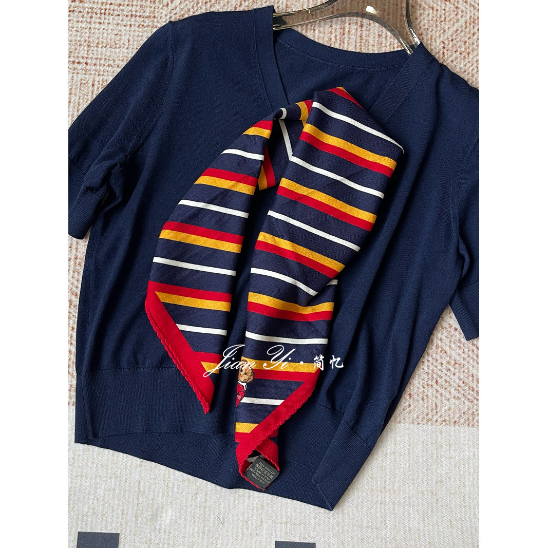 【条纹小熊】蓝红魅力撞色100%精纺羊毛围巾丝巾中方巾女披肩62cm