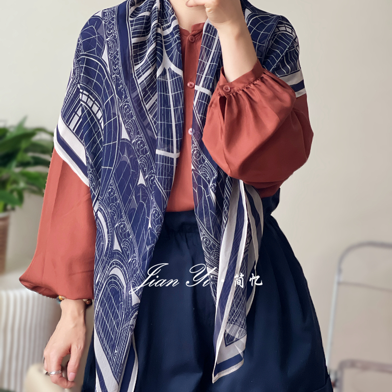 乔其纱【蓝田生玉】百搭气质轻薄100%桑蚕丝围巾女105cm丝巾