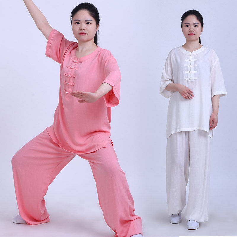 太极服亚麻棉女士晨练中老年武术服表演练功裤棉麻中短袖太极拳服