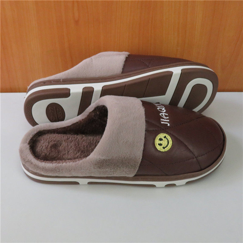 冬季加绒保暖PU皮面棉拖鞋男士居家室内防滑包头情侣款家用棉拖女