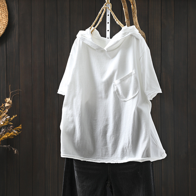 纯棉连帽短袖t恤女小个子2026新款夏设计感宽松大码休闲百搭上衣
