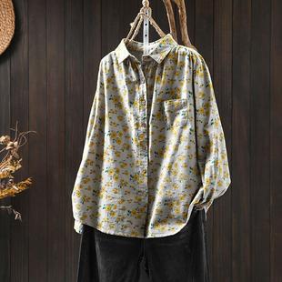 文艺休闲减龄翻领打底衬衣 2025春秋新款 磨毛印花纯棉衬衫 女长袖