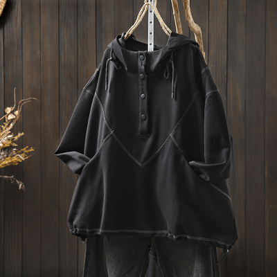 黑色连帽卫衣女2025新款秋季大码胖MM宽松休闲慵懒风长袖套头上衣