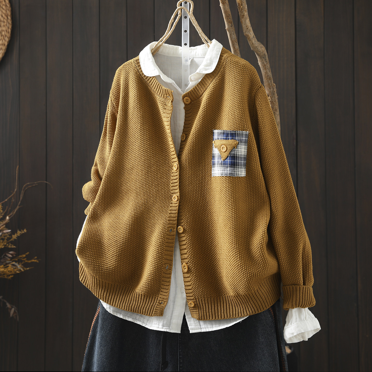 毛衣开衫外套2026初春新款女士独特口袋黄色棉线文艺慵懒风针织衫,女装/女士精品,毛针织衫,淘宝优惠券,粉丝福利购,淘宝优惠卷