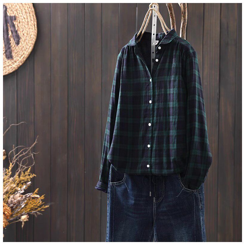 绿色格子双层棉纱长袖衬衫女2025早秋新复古休闲显瘦内搭打底上衣
