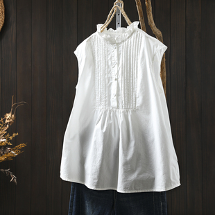 减龄遮肉百搭套头上衣 女2026夏新款 白色风琴褶木耳领纯棉无袖 衬衫
