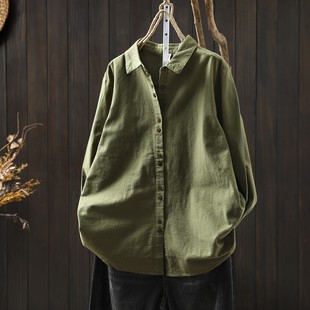 独特超好看单穿衬衫2026春装上新女装纯棉长袖内搭绿色衬衣上衣