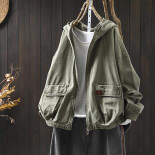 做旧水洗连帽纯棉短外套女宽松洋气2026春季 新复古茧型小个子夹克