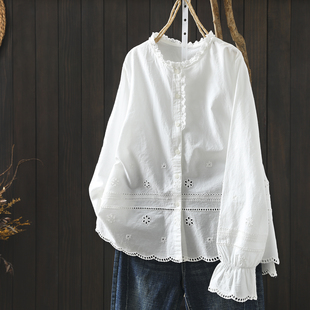 独特好看白衬衫2026女士春新款木耳领纯棉设计感花边镂空文艺衬衣