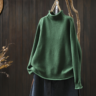 慵懒松弛感毛线衣女2025新款 秋冬绿色半高领内搭棉线针织套头毛衣