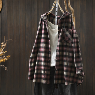 格子衬衣女款2025新款爆款早秋季连帽磨毛宽松慵懒风百搭衬衫外套