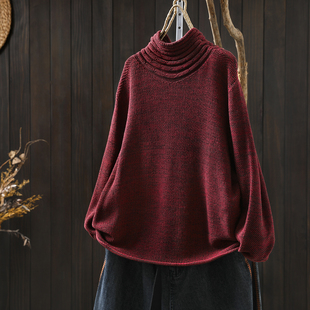 慵懒松弛感毛线衣女2025新款 秋冬红色半高领棉线复古套头针织毛衣