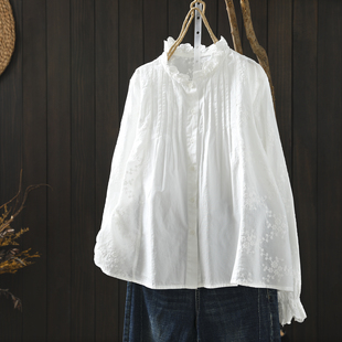 超好看独特漂亮衬衫女春新款2026白色纯棉刺绣花边领遮肉减龄衬衣