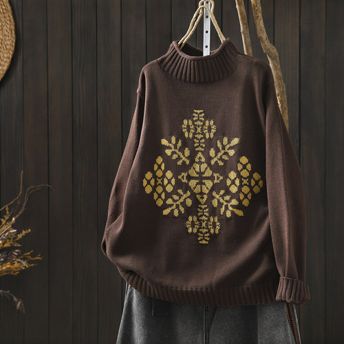 毛衣女款2025新款冬季半高领针织复古宽松慵懒遮肉穿搭套头针织衫