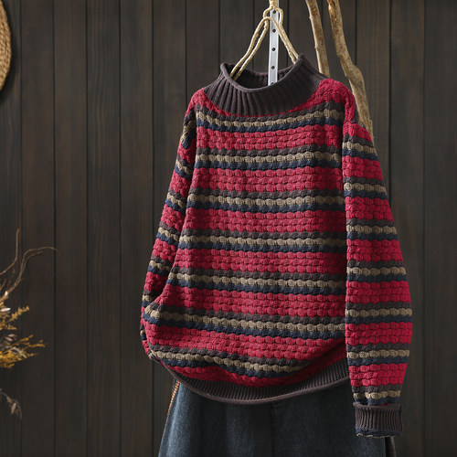 红色圣诞节毛衣女冬季2025新款棉线条纹半高领小个子慵懒风毛线衣