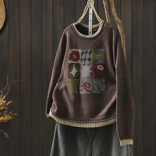 毛衣女秋冬高级感2025新款 文艺印花假两件宽松内搭套头圆领毛线衣