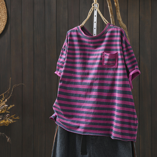 t恤衫 夏日漂亮小上衣女2026新款 设计感条纹口袋宽松减龄慵懒短袖