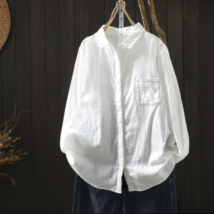 气质宽松通勤别致衬衣小上衣 开春双层棉纱长袖 白色衬衫 女2026新款