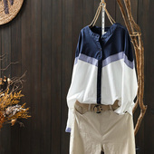 春装 设计感2026新款 宽松休闲纯棉上衣 女长袖 撞色拼接立领条纹衬衫